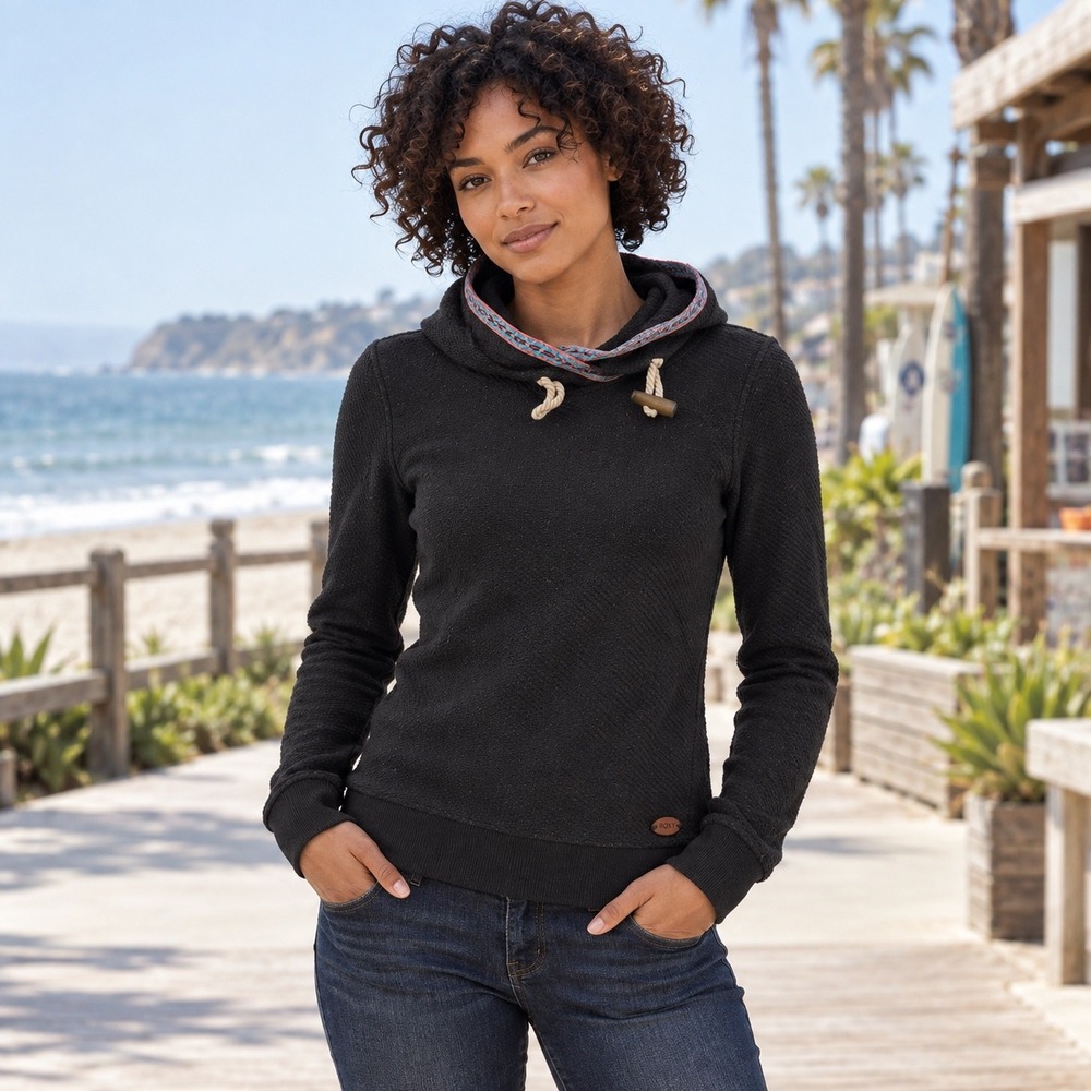 Roxy Black Textured Knit Pullover Hoodie Toggle Trim Women XS ERJFT03184